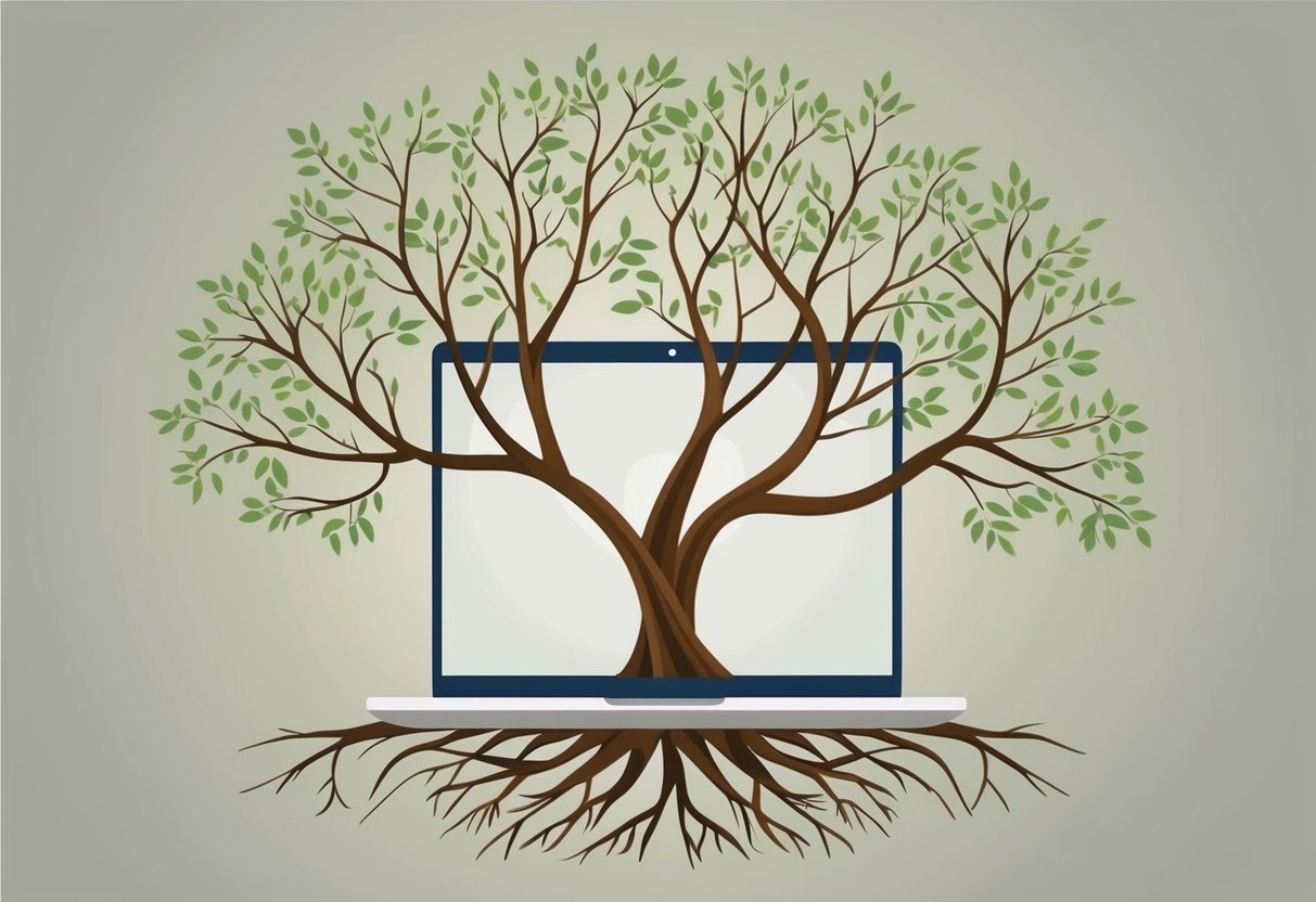 A website's structure intertwined with roots and branches, symbolizing the technical SEO as the foundation for freelancers and small businesses