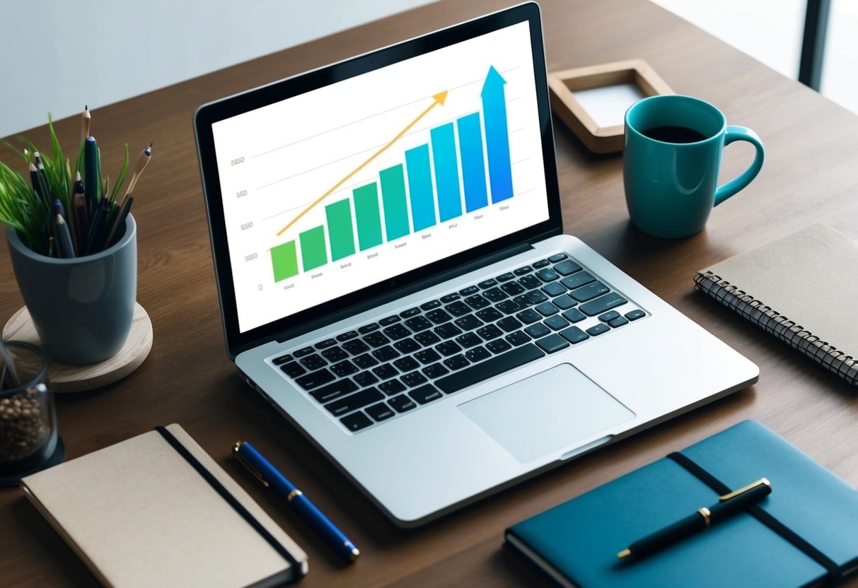 A laptop on a desk with various business and freelance-related items such as a notebook, pen, and coffee mug. A graph on the laptop screen shows an upward trend