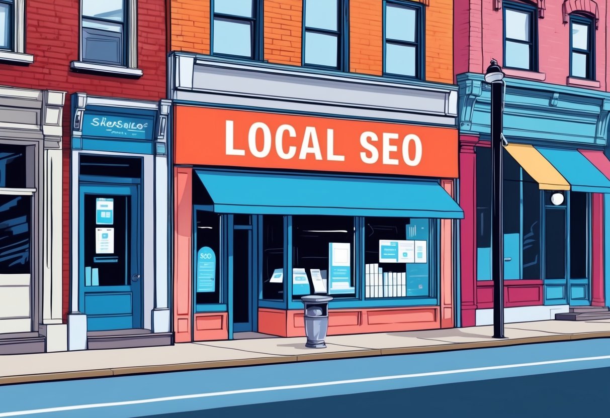 A small business storefront with a prominent "Local SEO" sign, surrounded by other businesses in a bustling city neighborhood