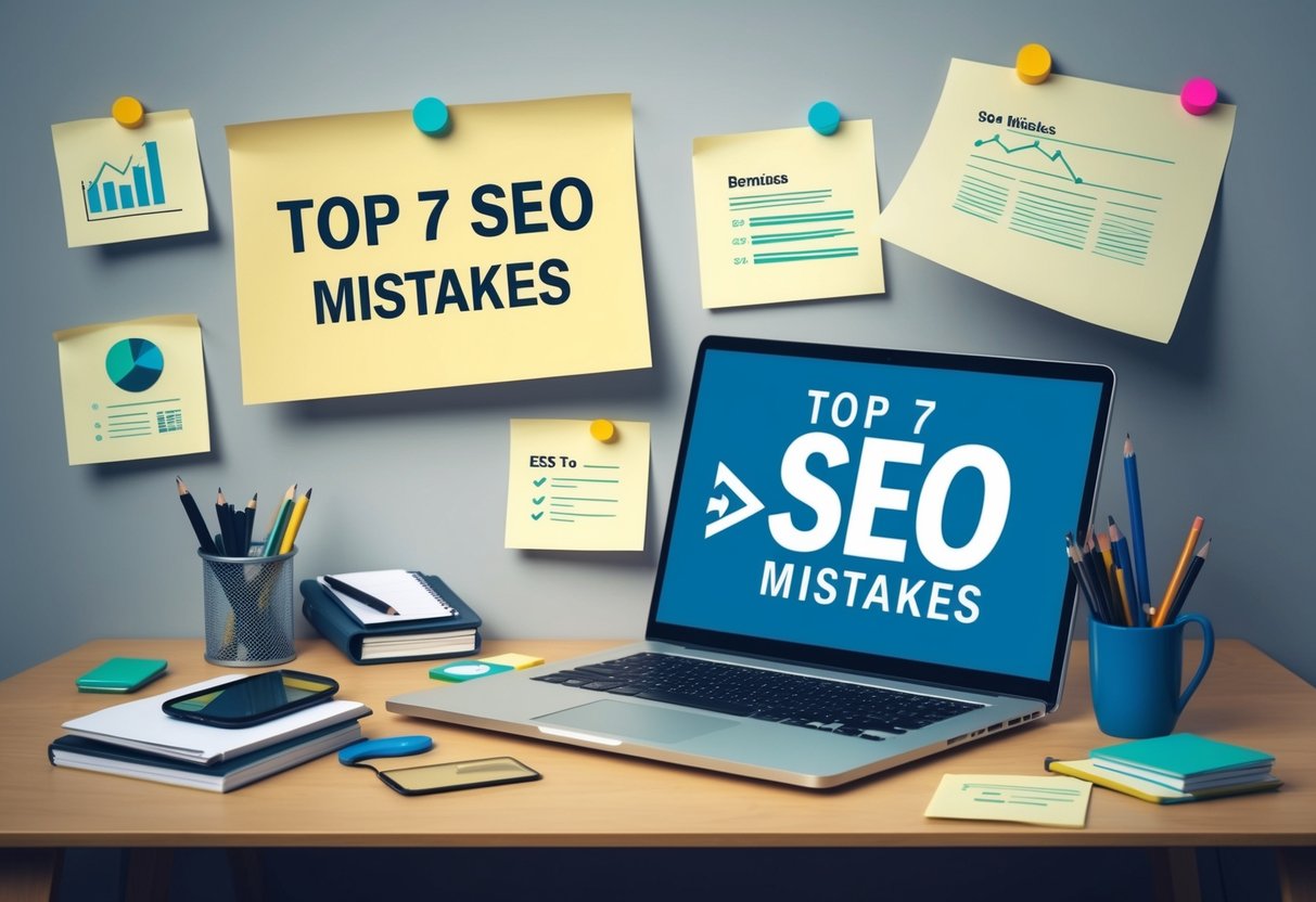 A laptop on a cluttered desk with SEO-related items scattered around. Post-it notes with "Top 7 SEO Mistakes" stuck to the wall