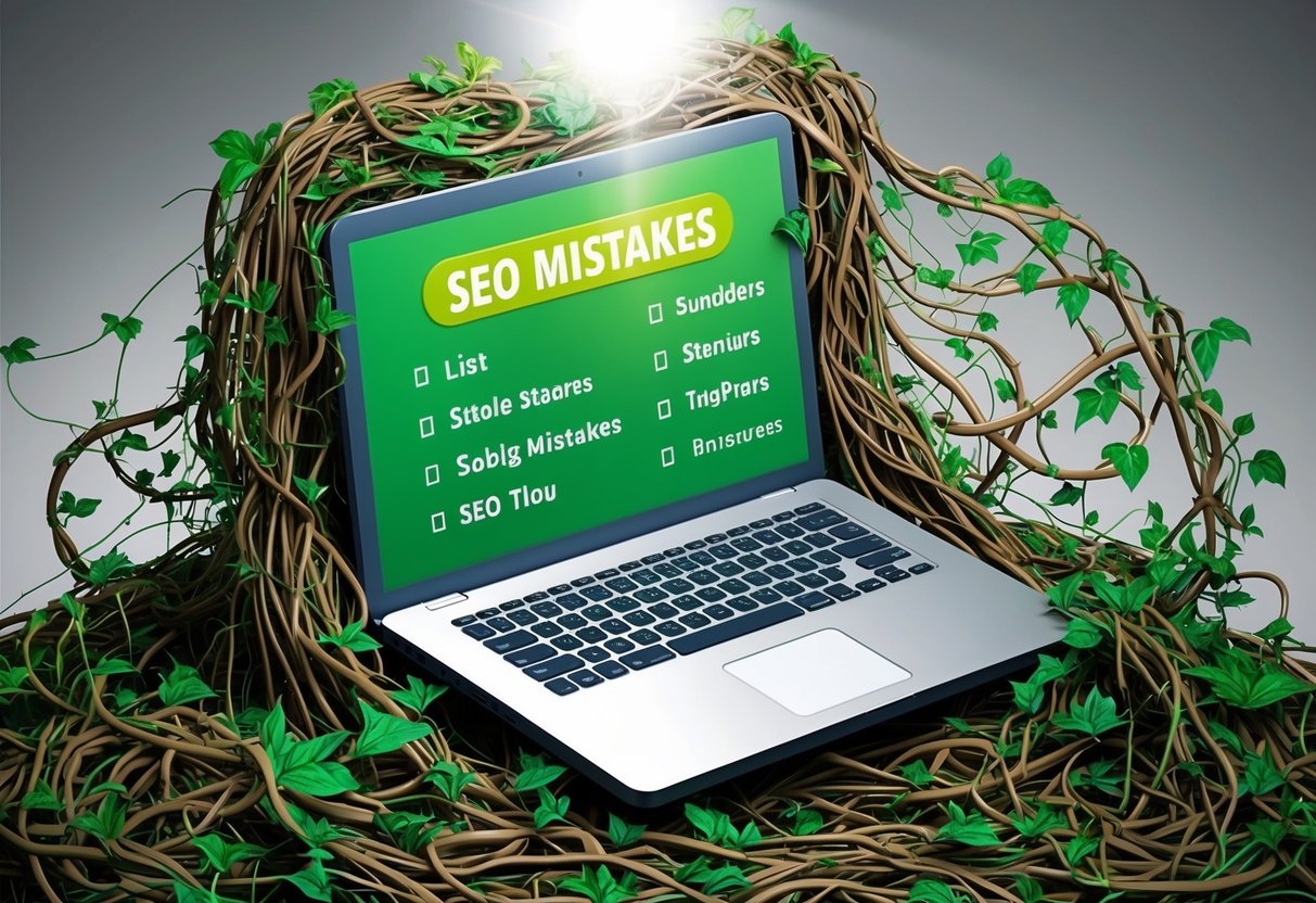 A laptop surrounded by tangled web of vines, with a bright light shining on a list of SEO mistakes