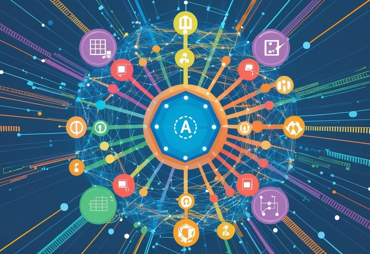 A web of interconnected pathways leading to a central hub, with various algorithms and data points flowing through the network