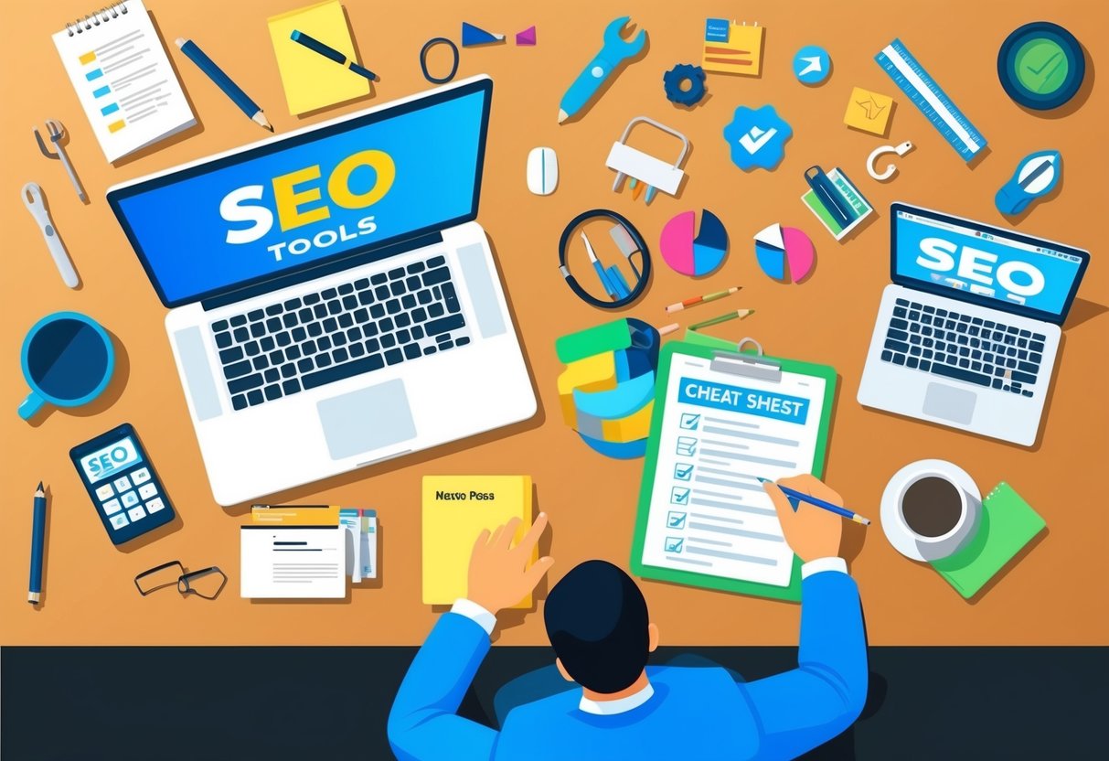 A desk cluttered with SEO tools, a laptop open to a cheat sheet, and a person working on off-page SEO tactics